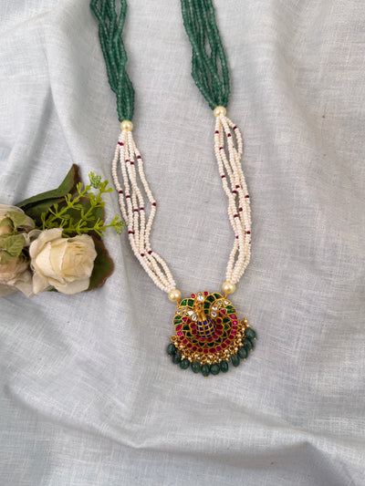Pearl Layered Necklace Peacock Pendant Premium | N0651