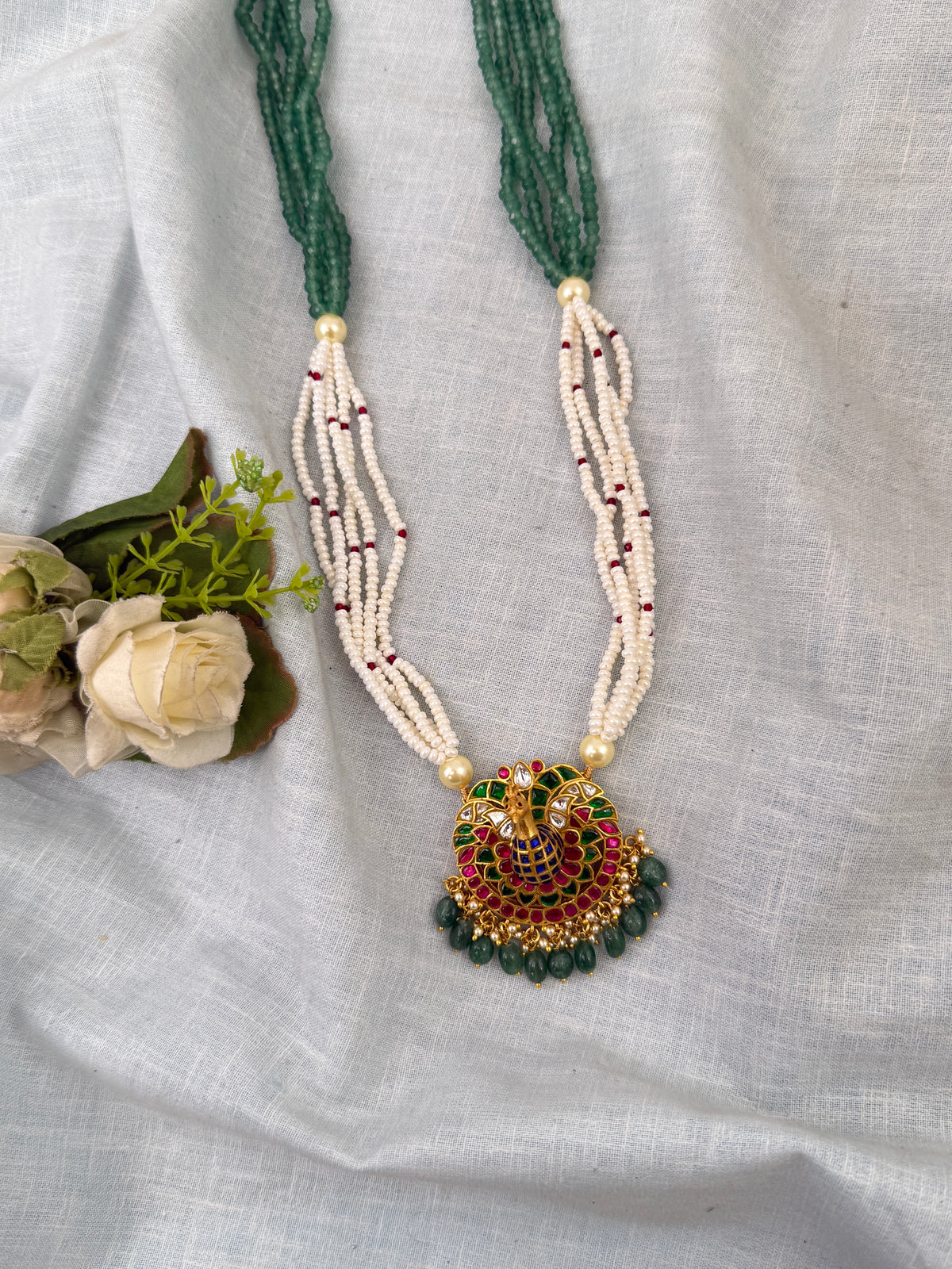 Pearl Layered Necklace Peacock Pendant Premium | N0651