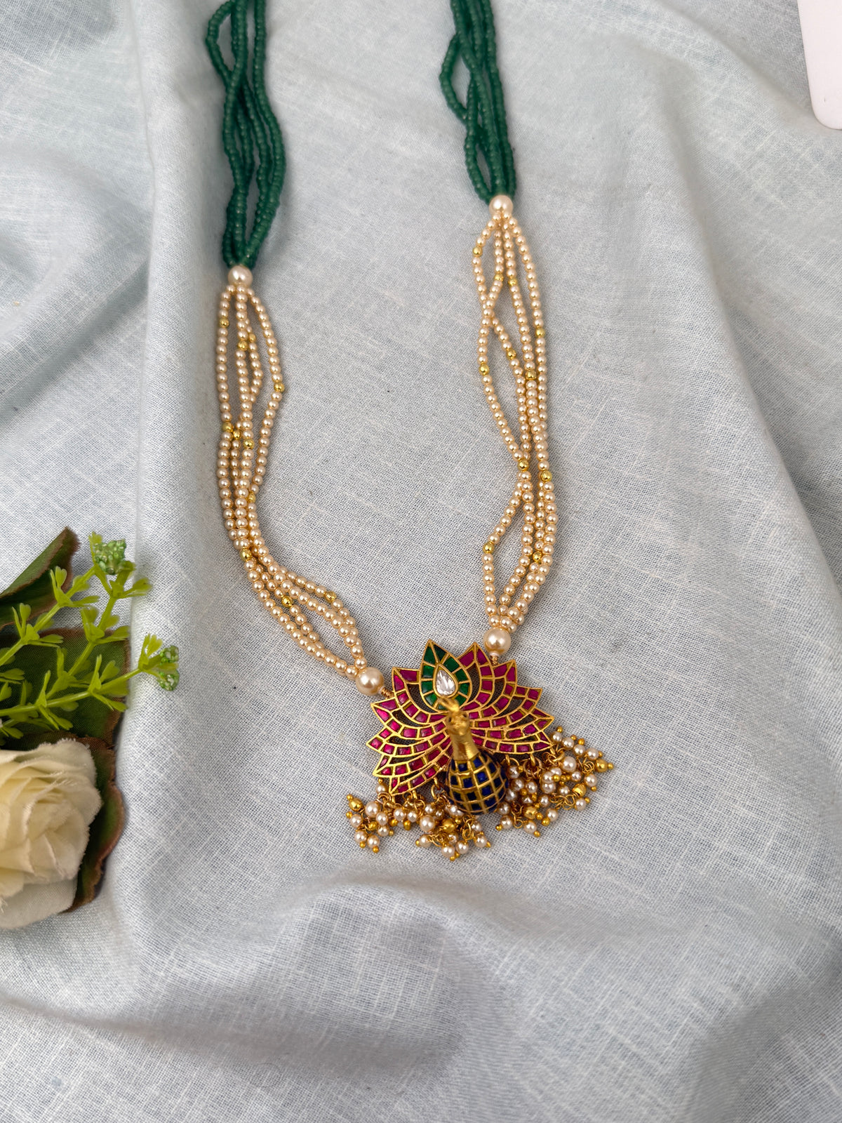 Pearl Layered Necklace Jadau Kundan Peacock Premium | N0662