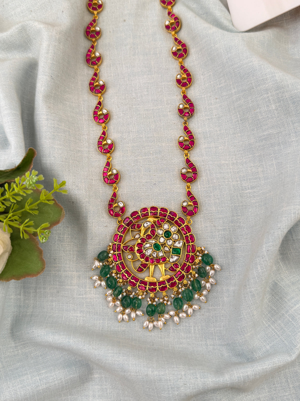 Jadau Kundan Necklace Peacock Pendant Premium Long| P0110