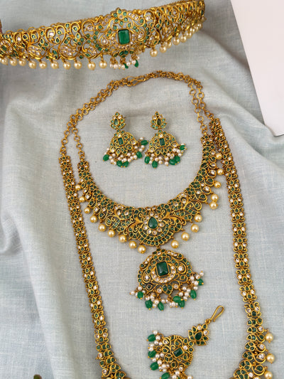 Antique Semi Bridal Necklace Peacock Pendant  Full Set| N0751