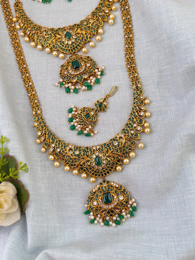 Antique Semi Bridal Necklace Peacock Pendant  Full Set| N0751