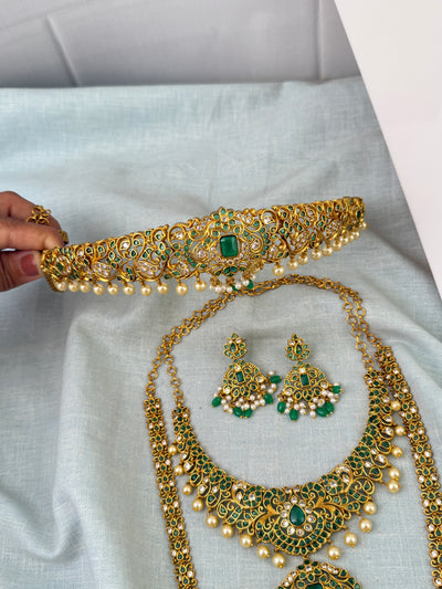 Antique Semi Bridal Necklace Peacock Pendant  Full Set| N0751