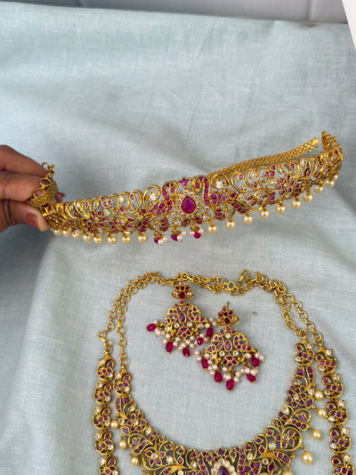 Antique Semi Bridal Necklace Peacock Pendant  Full Set| N0750