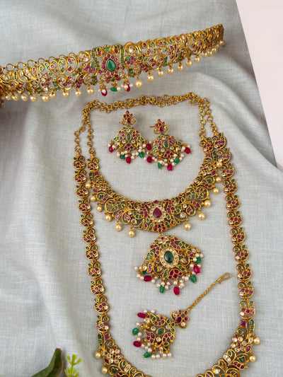 Antique Semi Bridal Necklace Peacock Pendant Full Set| N0752
