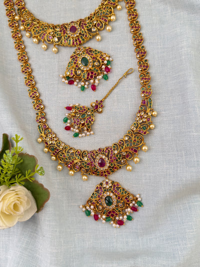 Antique Semi Bridal Necklace Peacock Pendant Full Set| N0752