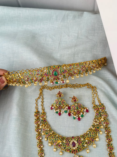 Antique Semi Bridal Necklace Peacock Pendant Full Set| N0752