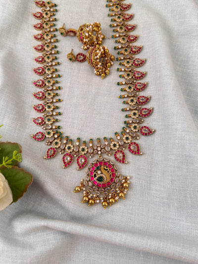 Jadau Kundan Necklace Peacock Pendant Premium Mid-Long Set| 0027