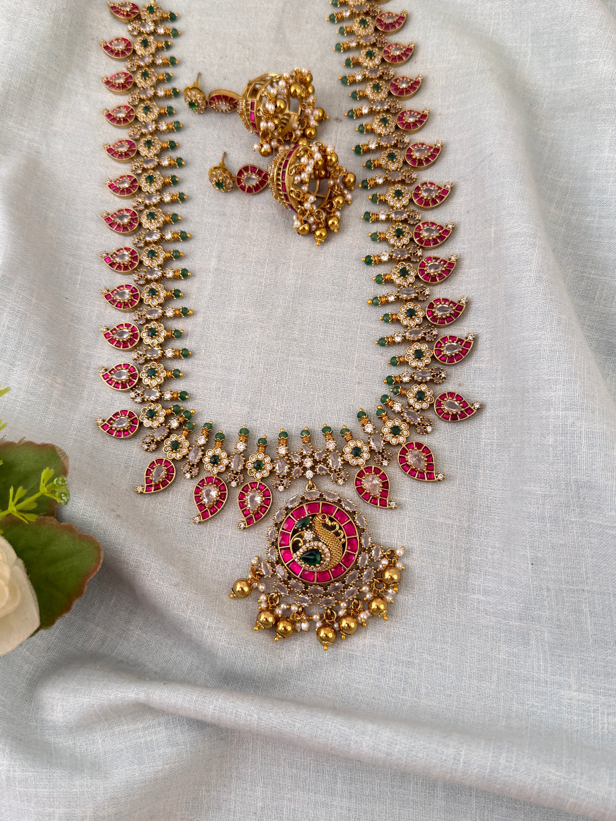 Jadau Kundan Necklace Peacock Pendant Premium Mid-Long Set| 0027