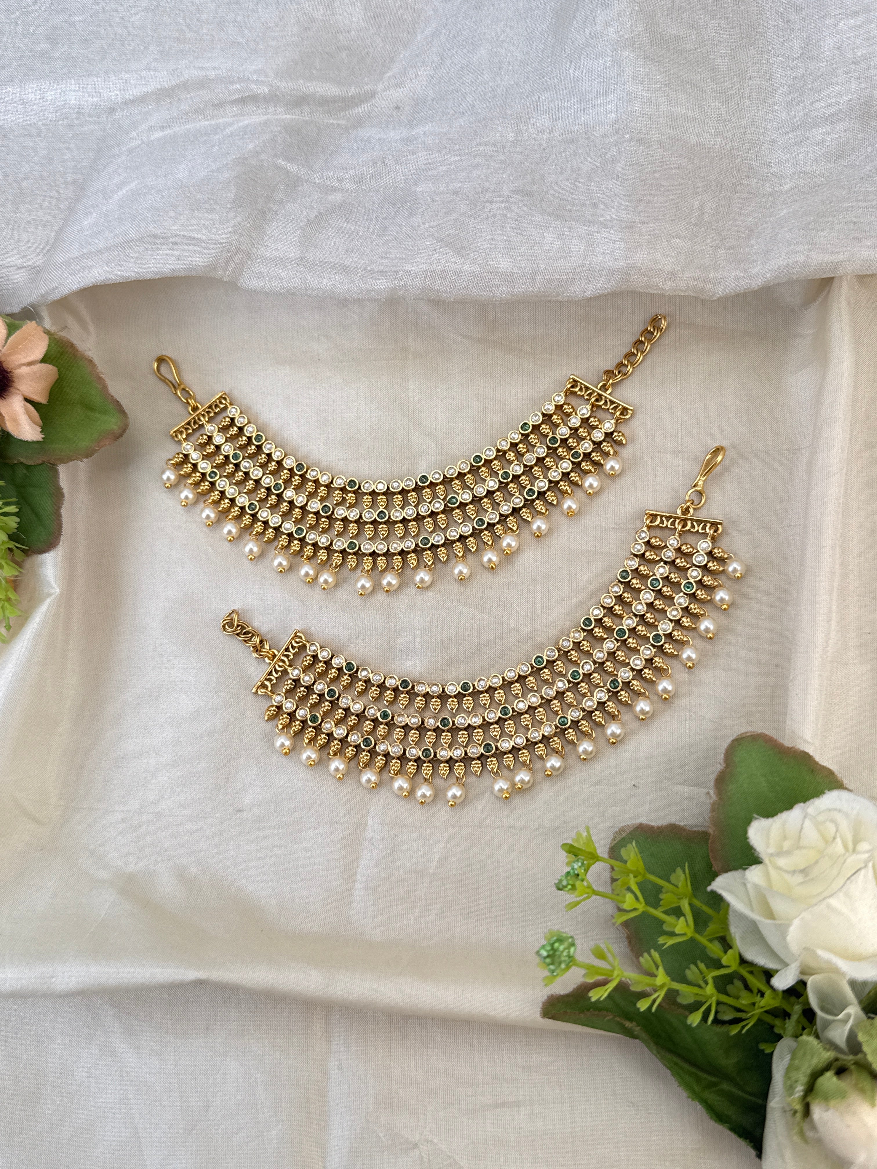 Traditional antique maatal ear chains – South Indian Jhumka ear chains, Ear maatal, jadebille, hair choti