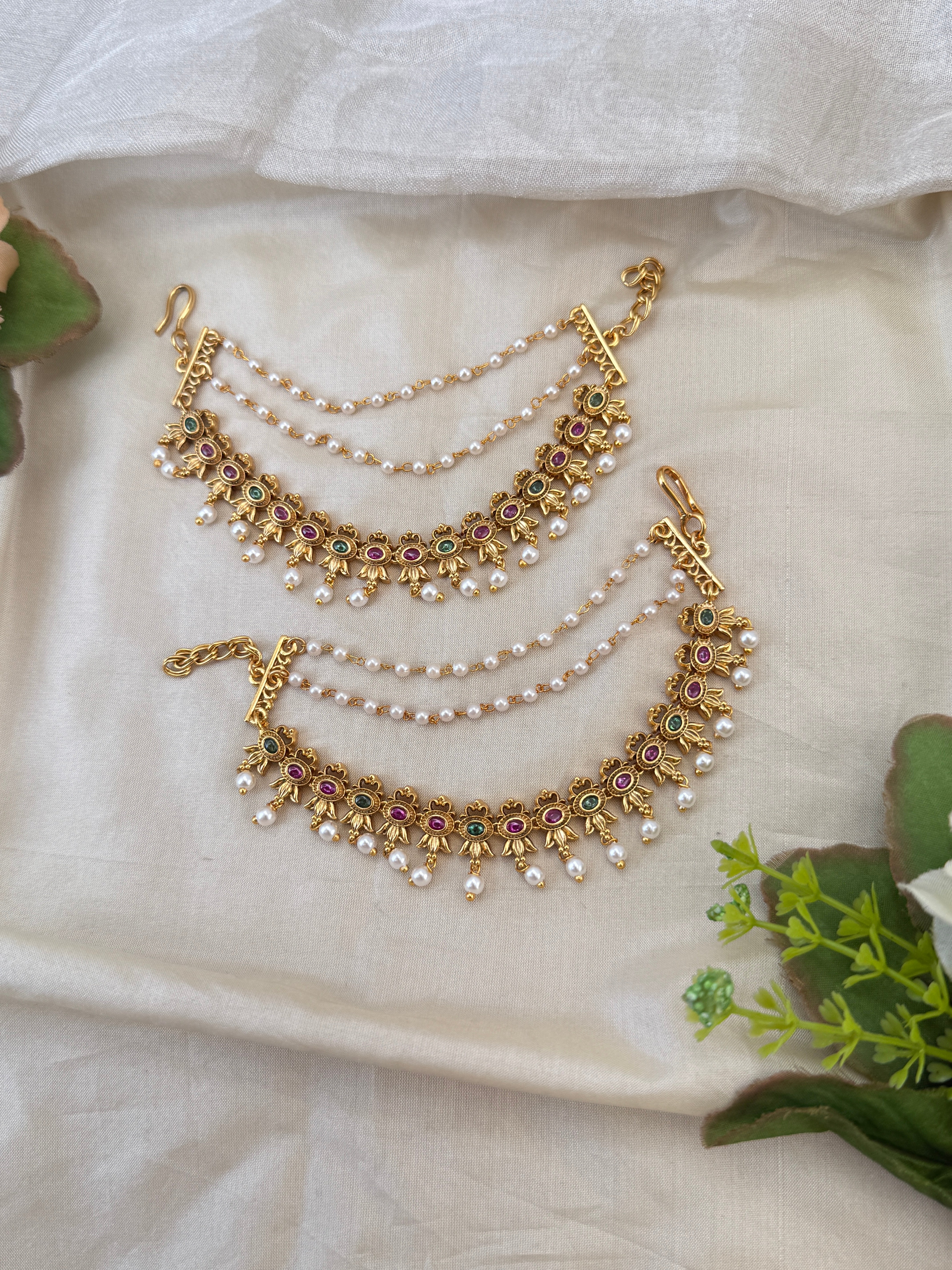 Traditional antique maatal ear chains – South Indian Jhumka ear chains, Ear maatal, jadebille, hair choti