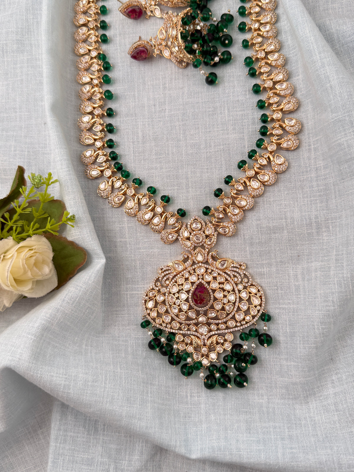 Kundan Peacock Necklace Premium Long Set | N0824