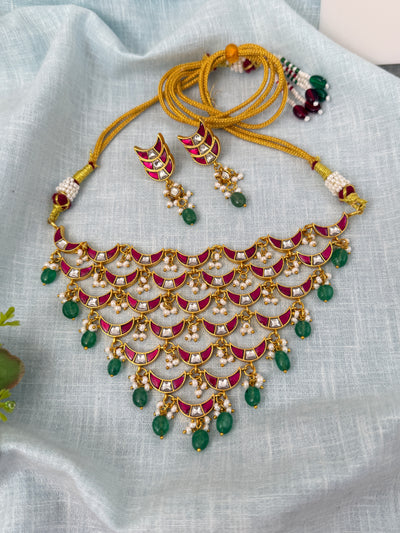 Jadau Kundan Necklace Premium Moon Shaped Short Set | N0875