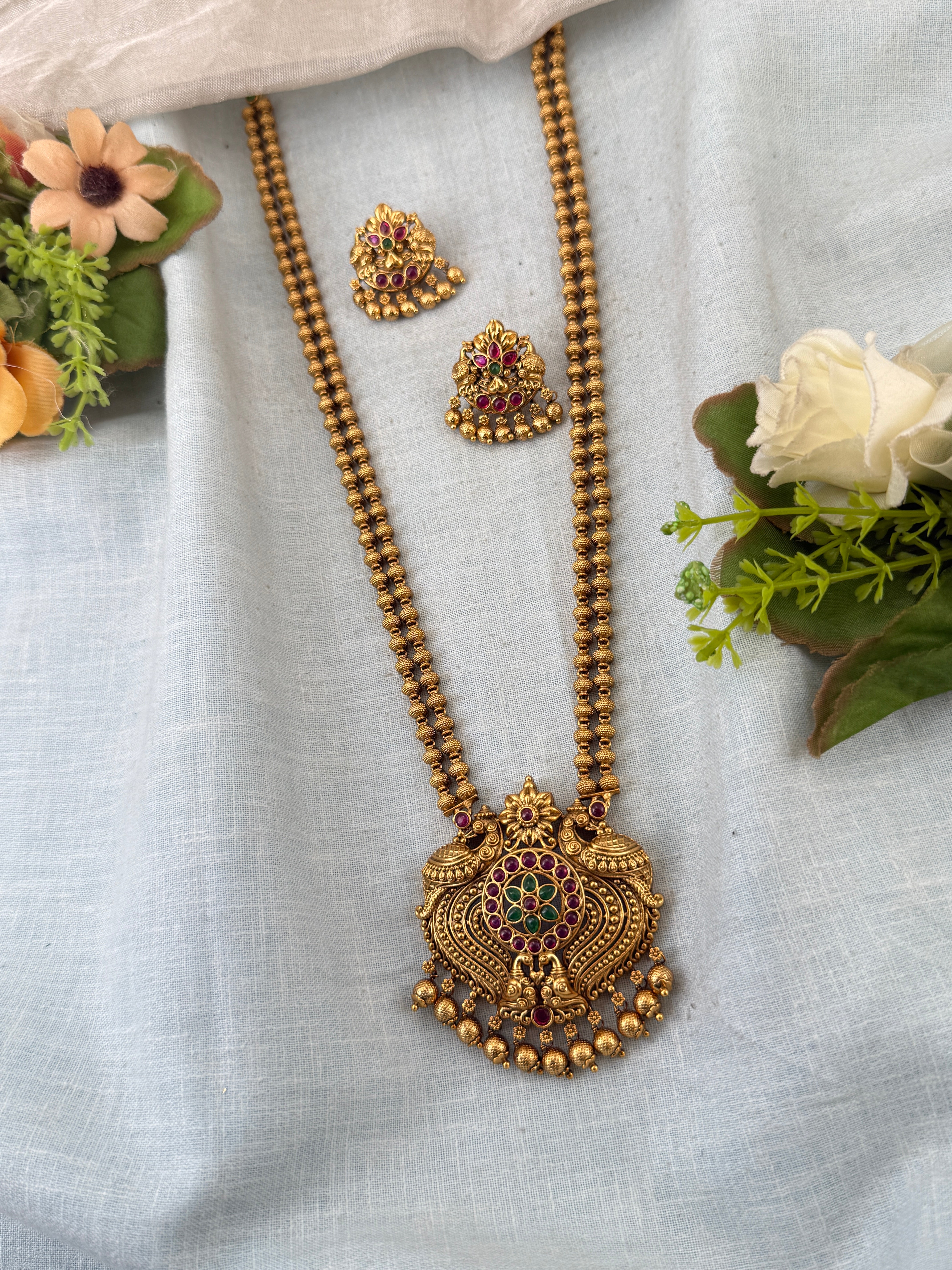 Royal Antique Peacock Pendant Long Necklace Set 1078