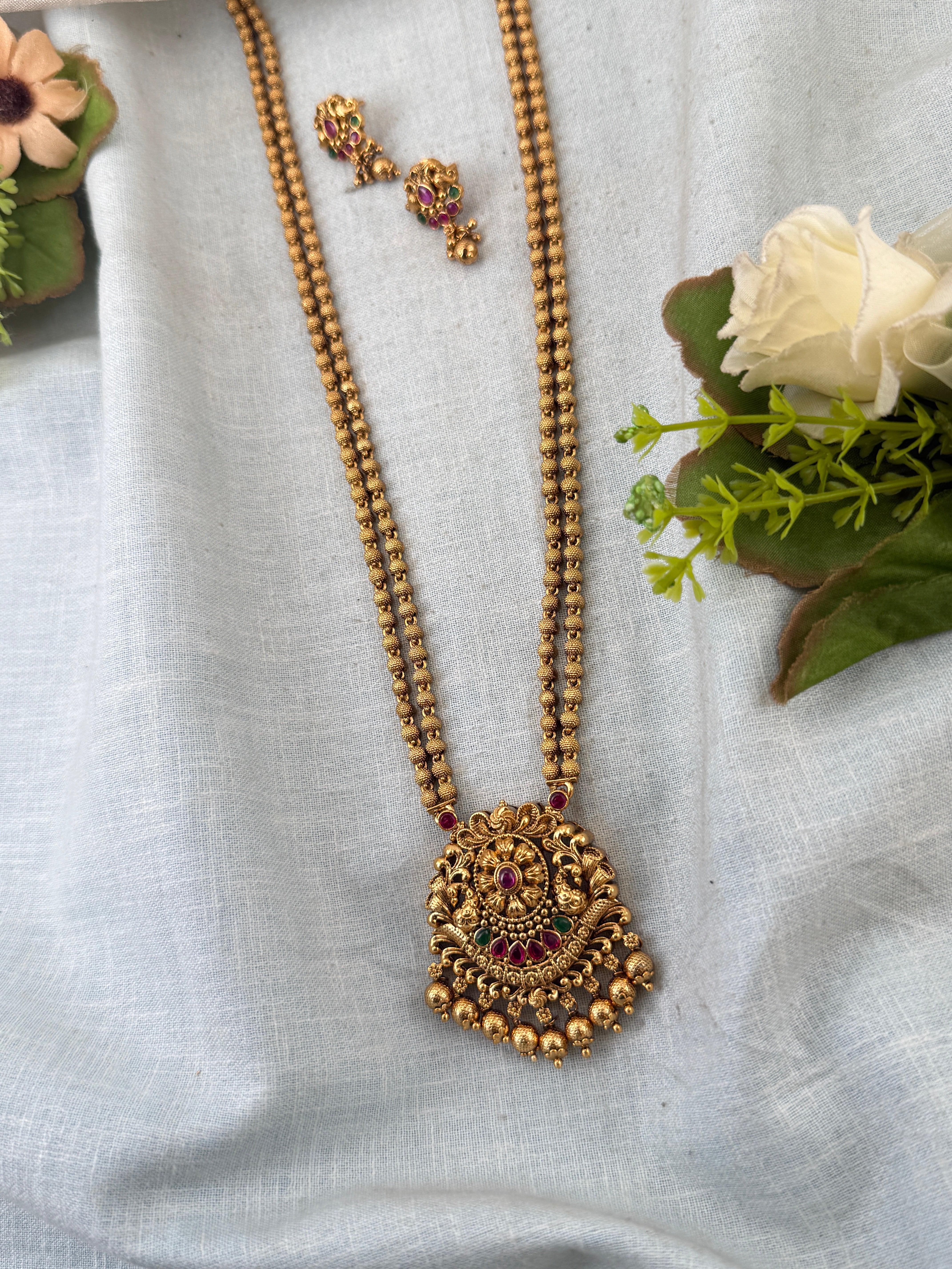 Royal Antique Peacock Pendant Long Necklace Set 1079