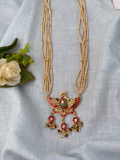 Jadau Kundan Pearl Layered Necklace Peacock Pendant Premium | N0846
