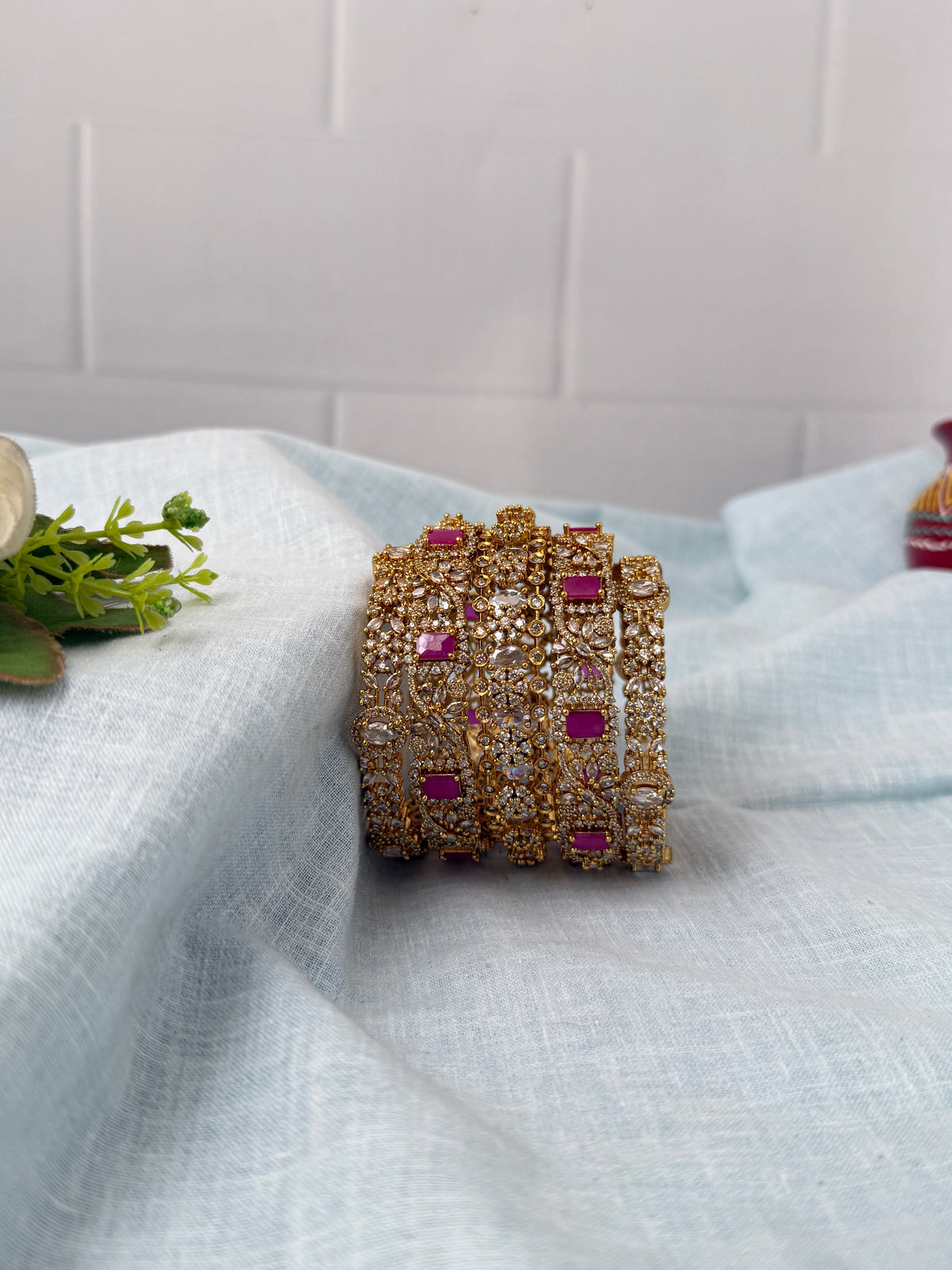Luxurious White & Ruby Stone Designer Bangle Set 0029