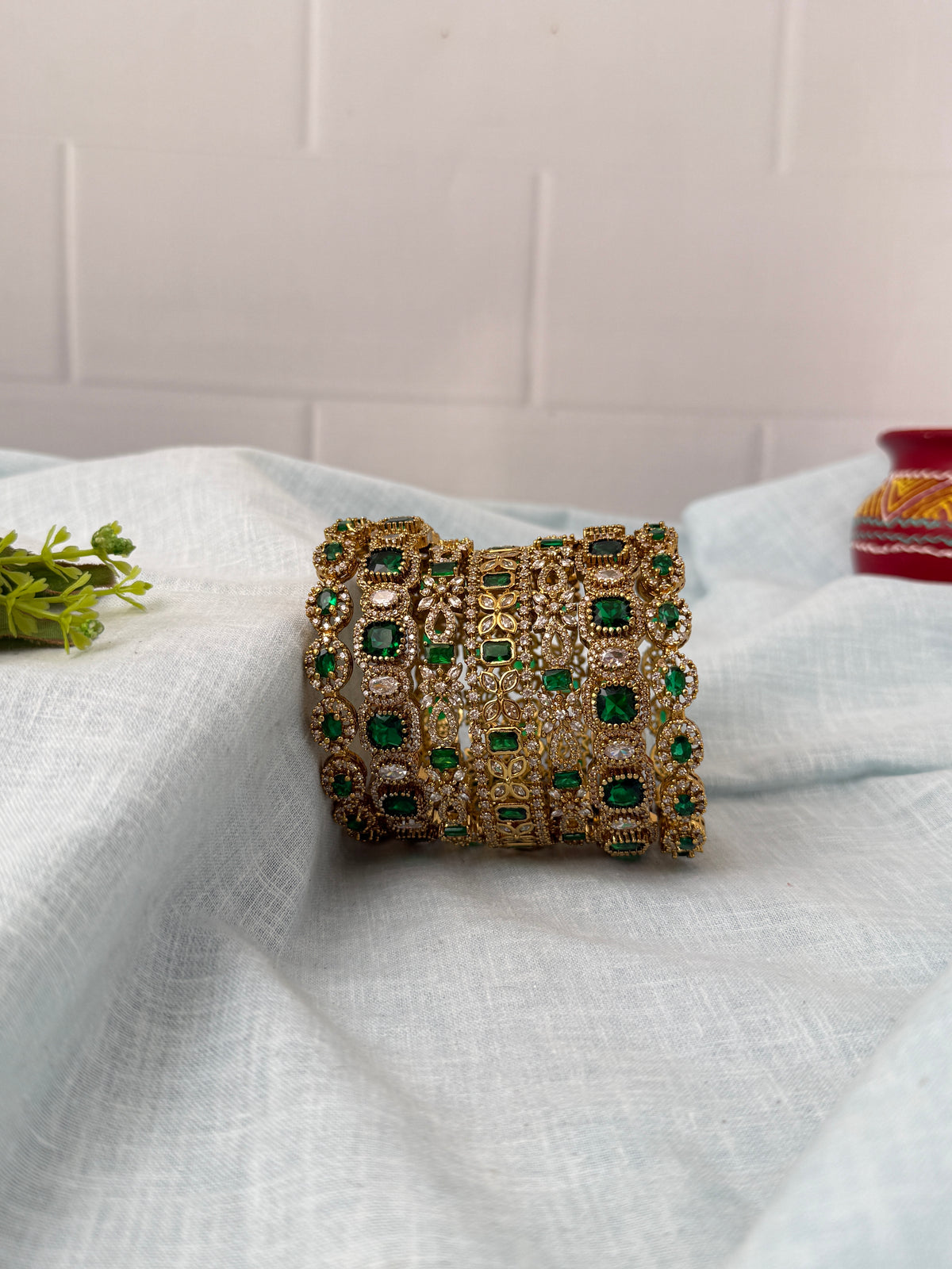 Luxurious Green Stone Victorian Bridal Bangle Set 0034