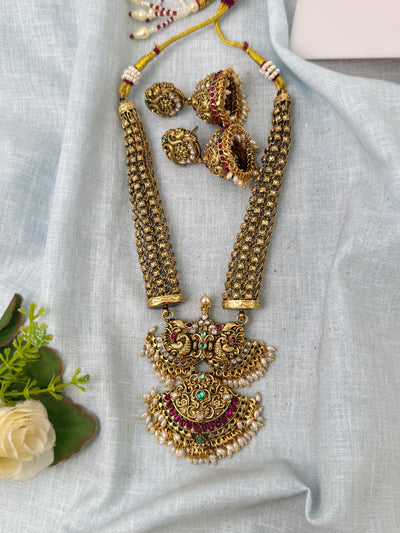Antique Designer Necklace Premium Peacock Pendant Long Set | N1025
