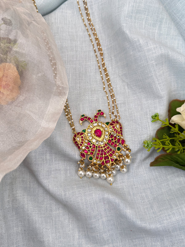 Luxurious Jadau Kundan Gandaberunda Pendant with 3 Layer Pearl Chain 610