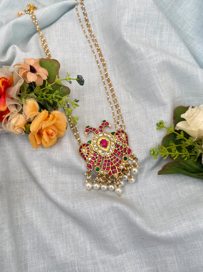 Luxurious Jadau Kundan Gandaberunda Pendant with 3 Layer Pearl Chain 610
