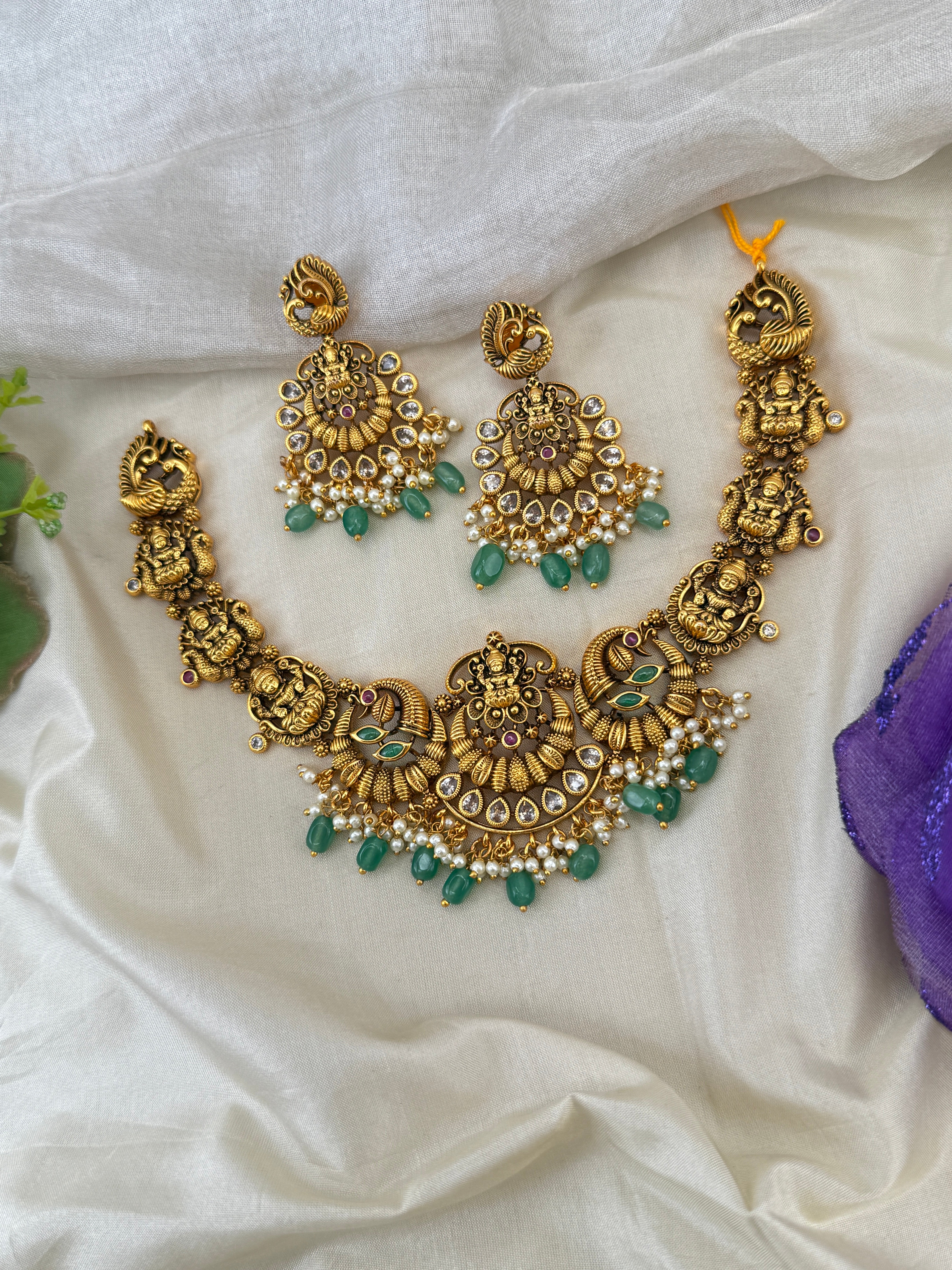 Royal Antique Short  Grand Lakshmi Necklace Set 1179