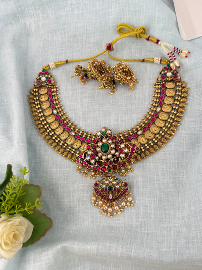 Maharani Grand Changable Pendant Antique Kaasu Necklace Short Set | N1021