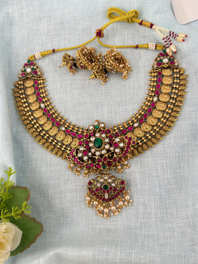 Maharani Grand Changable Pendant Antique Kaasu Necklace Short Set | N1021