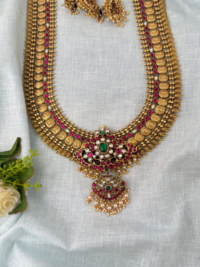Maharani Grand Changable Pendant Antique Kaasu Necklace Long Set | N1022