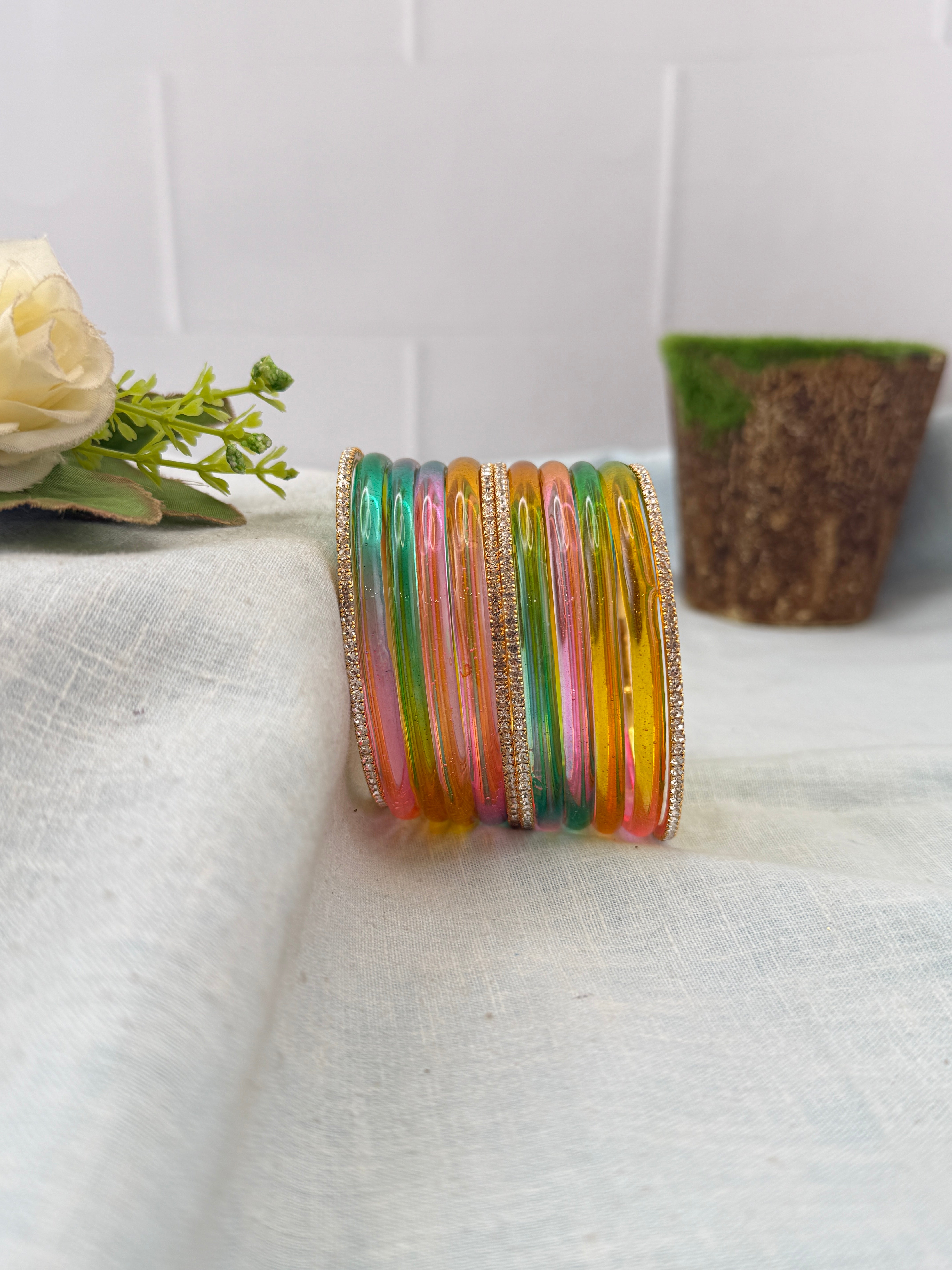 Luxurious Jelly Glass & Stone Bangles Matching Set 5320 - 16 Color Options