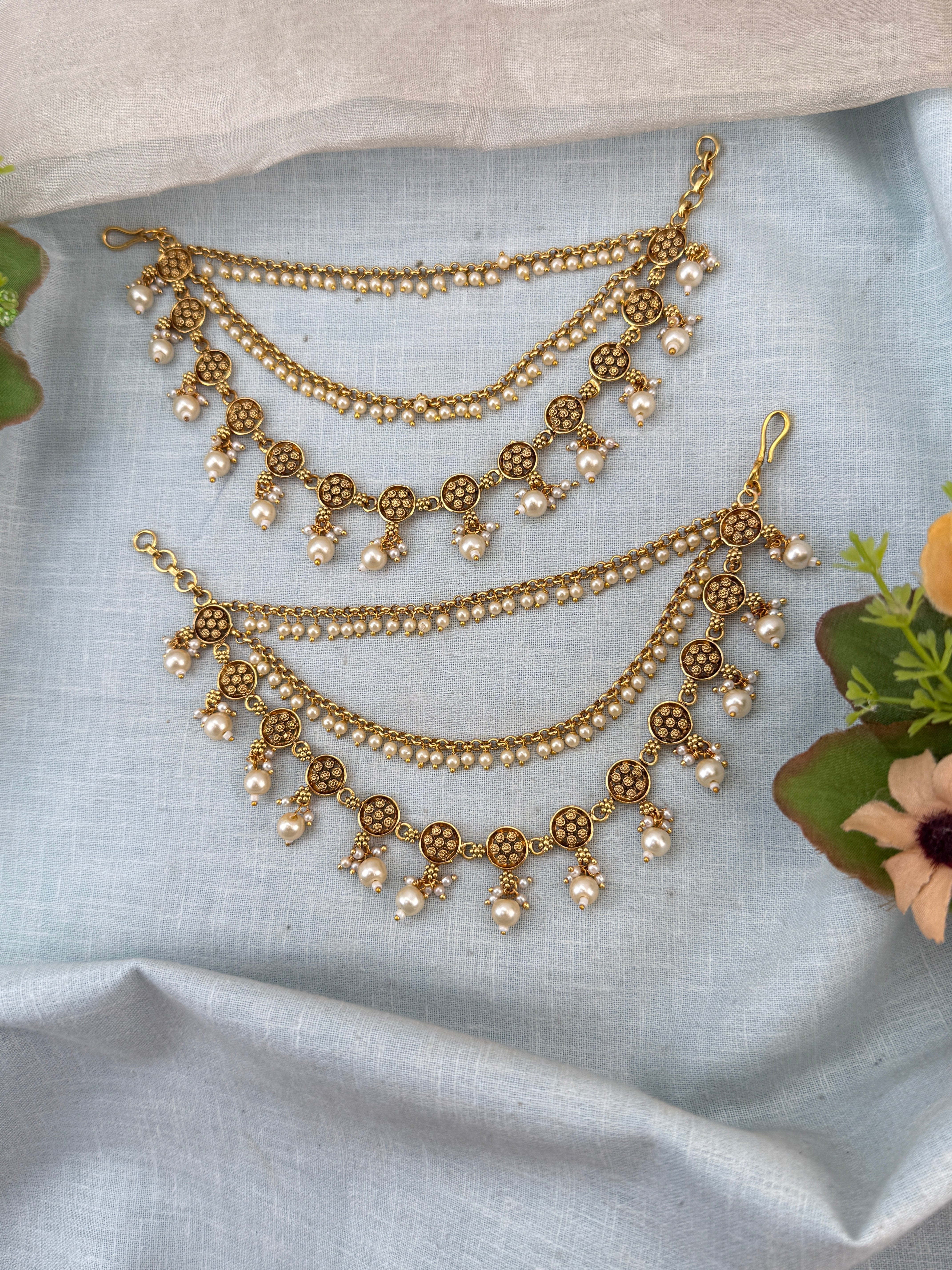 Traditional antique maatal ear chains – South Indian Jhumka ear chains, Ear maatal, jadebille, hair choti