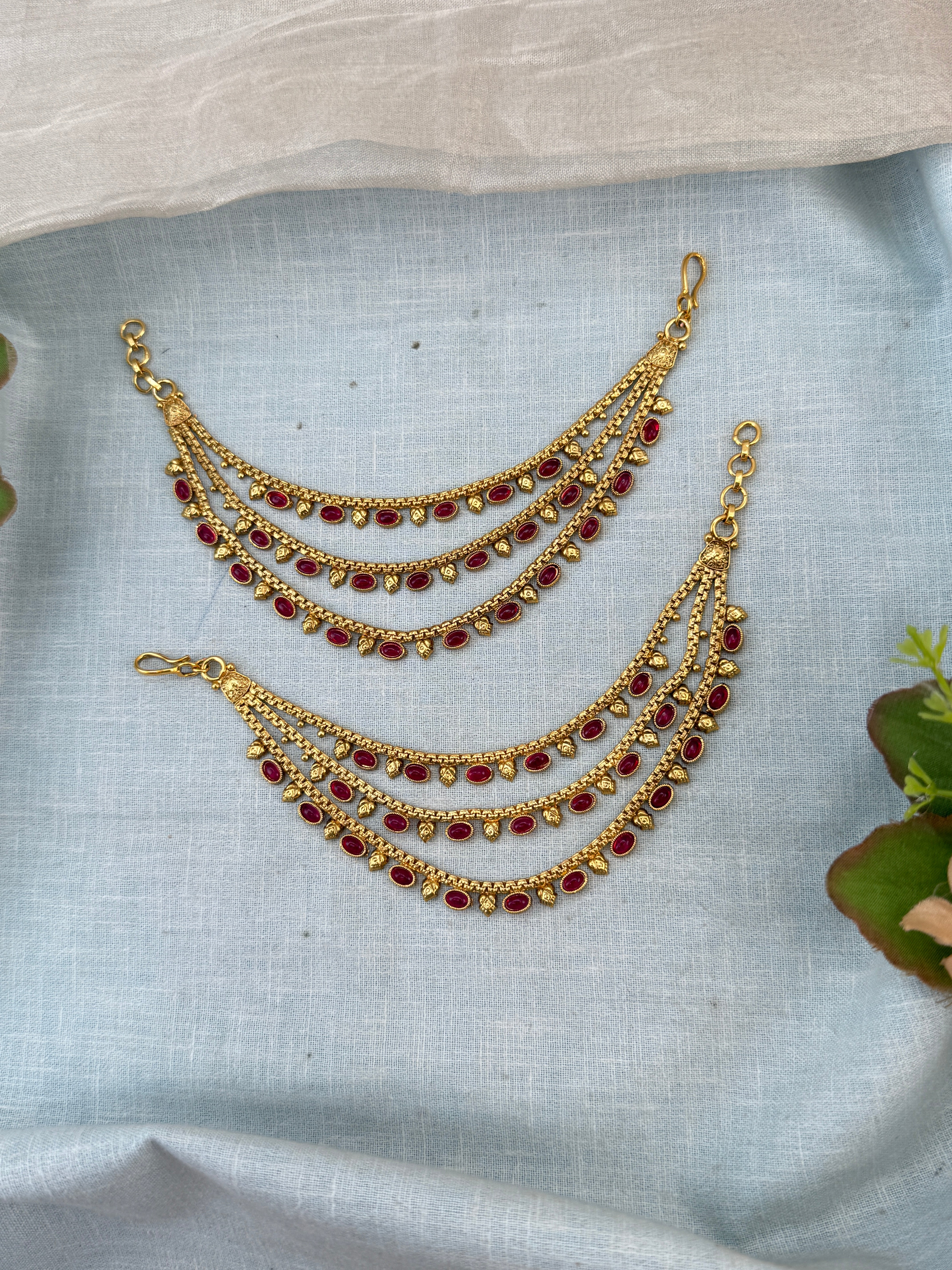 Traditional antique maatal ear chains – South Indian Jhumka ear chains, Ear maatal, jadebille, hair choti