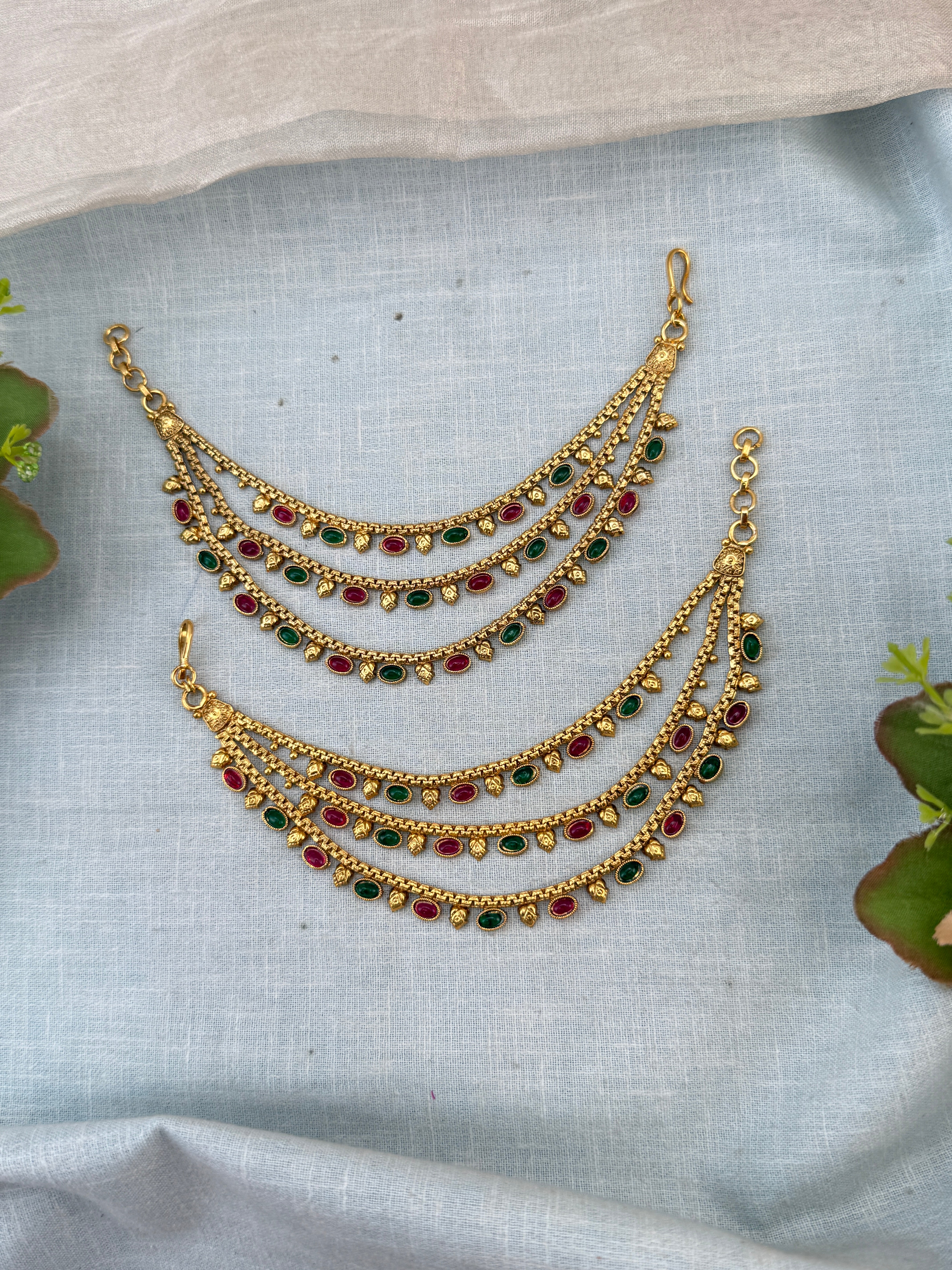 Traditional antique maatal ear chains – South Indian Jhumka ear chains, Ear maatal, jadebille, hair choti