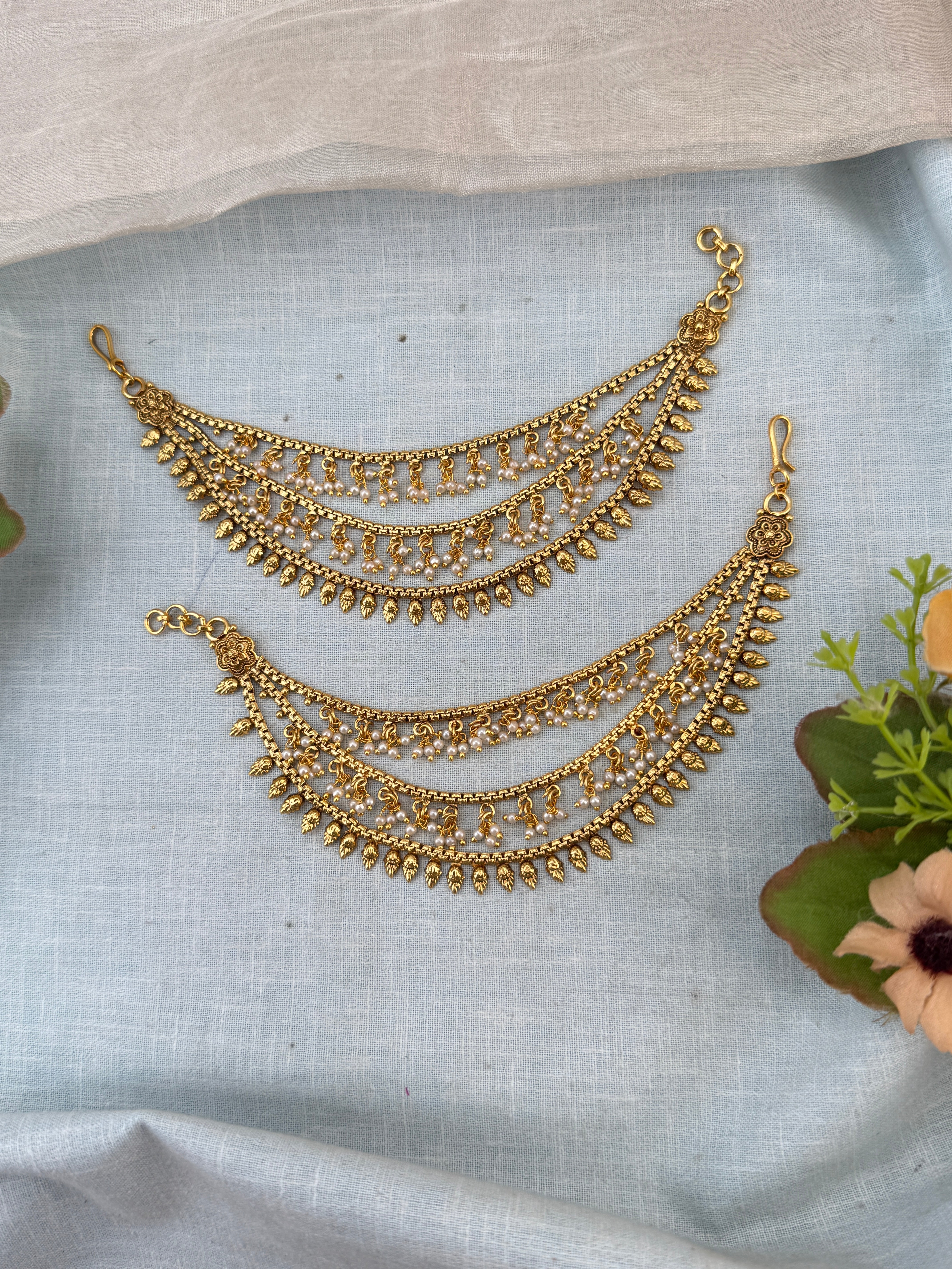 Traditional antique maatal ear chains – South Indian Jhumka ear chains, Ear maatal, jadebille, hair choti