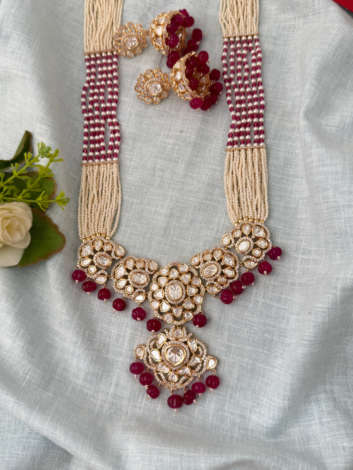 Kundan Layered Pearl Necklace Luxurious Long Set | N1149
