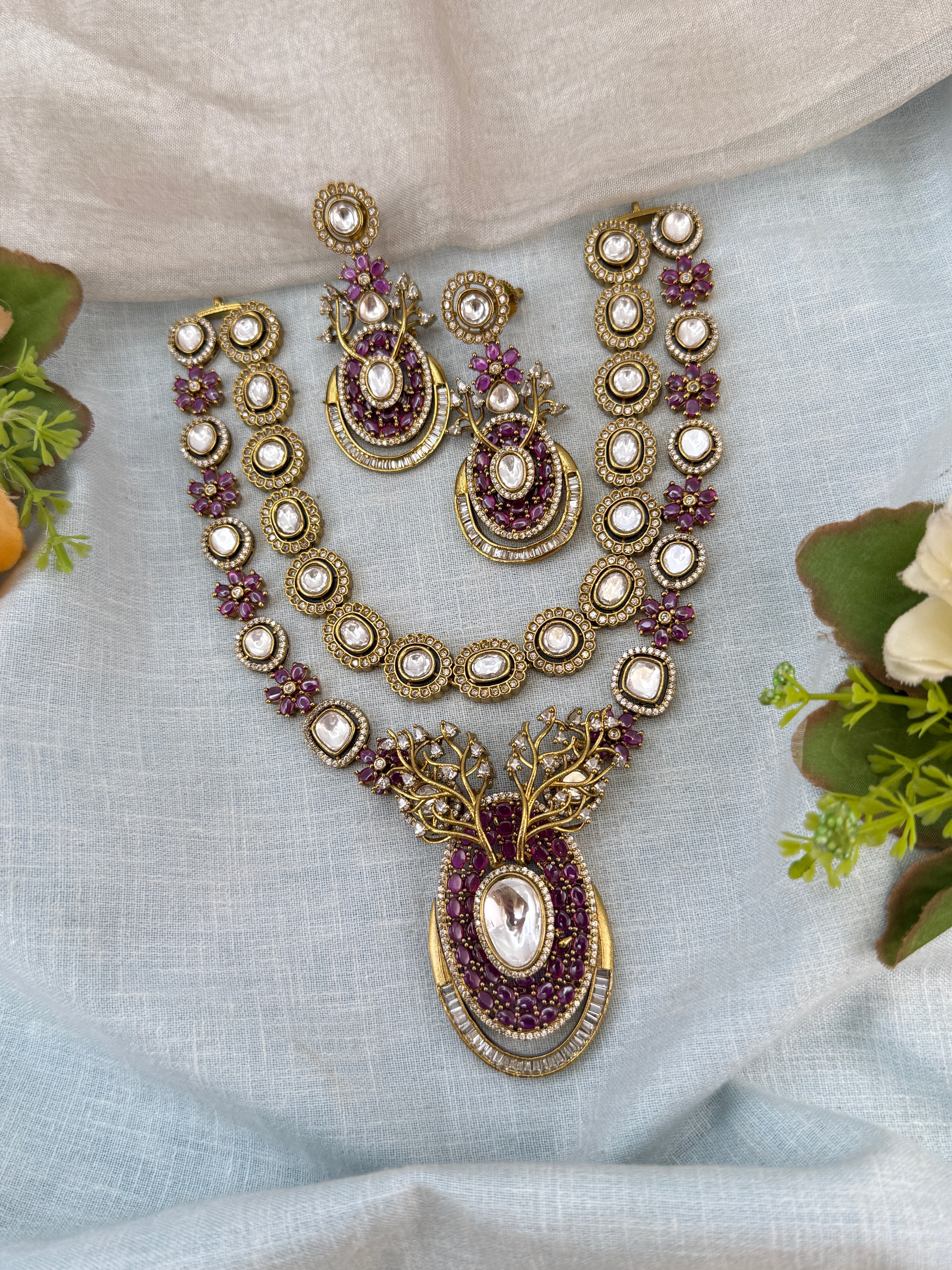 Luxurious Victorian Kundan Layered Pendant Necklace Set 742