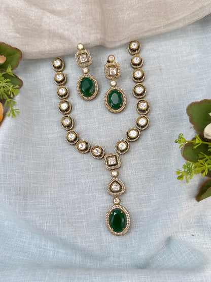 Luxurious Victorian Kundan Stone Pendant Short Necklace Set 746