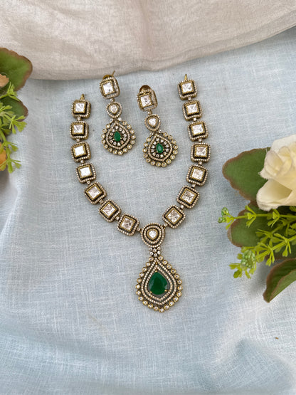 Luxurious Victorian Kundan Stone Pendant Short Necklace Set 749