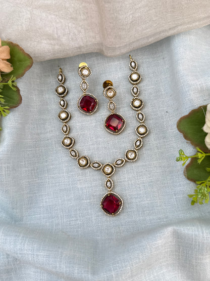 Luxurious Victorian Kundan Stone Pendant Short Necklace Set 766