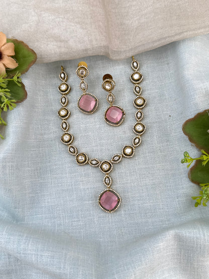 Luxurious Victorian Kundan Stone Pendant Short Necklace Set 767