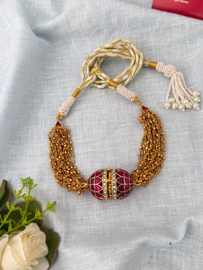 Antique Layered Chain Jadau Damaru Pendant Premium Short Necklace | N1196