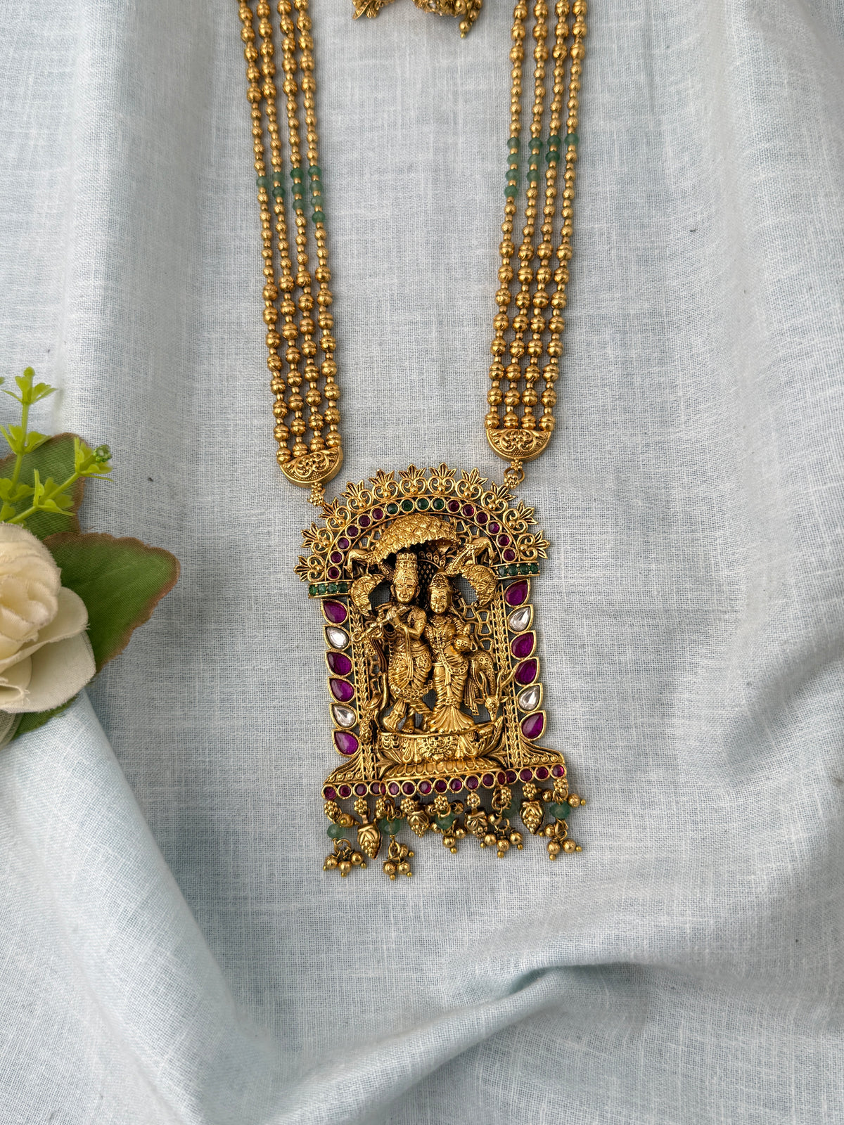 Antique Layered Necklace Grand Radha Krishna Pendant Long Set| N1182