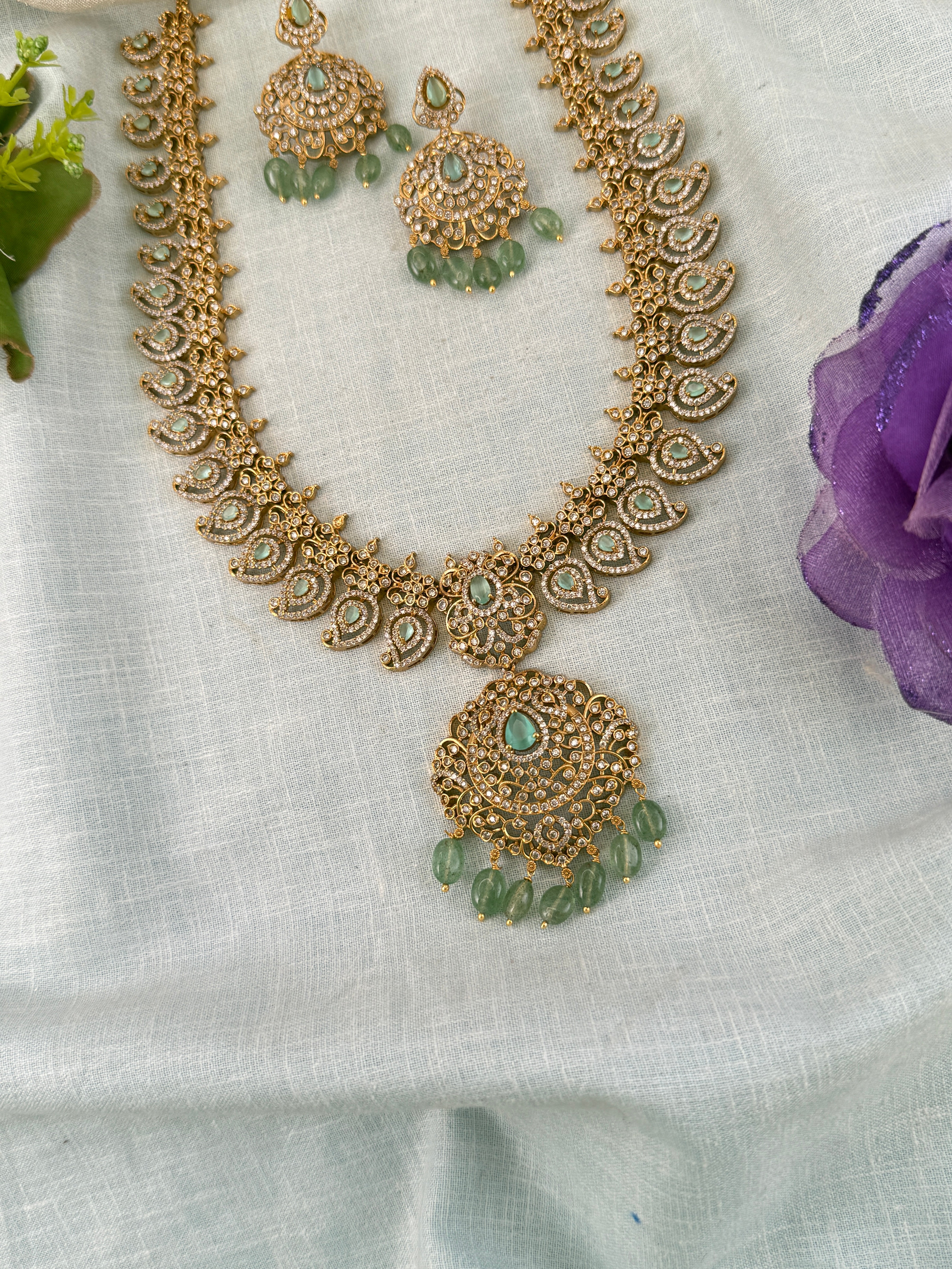 Royal Antique Grand Mango Stone Pendant Long Necklace Set 1237