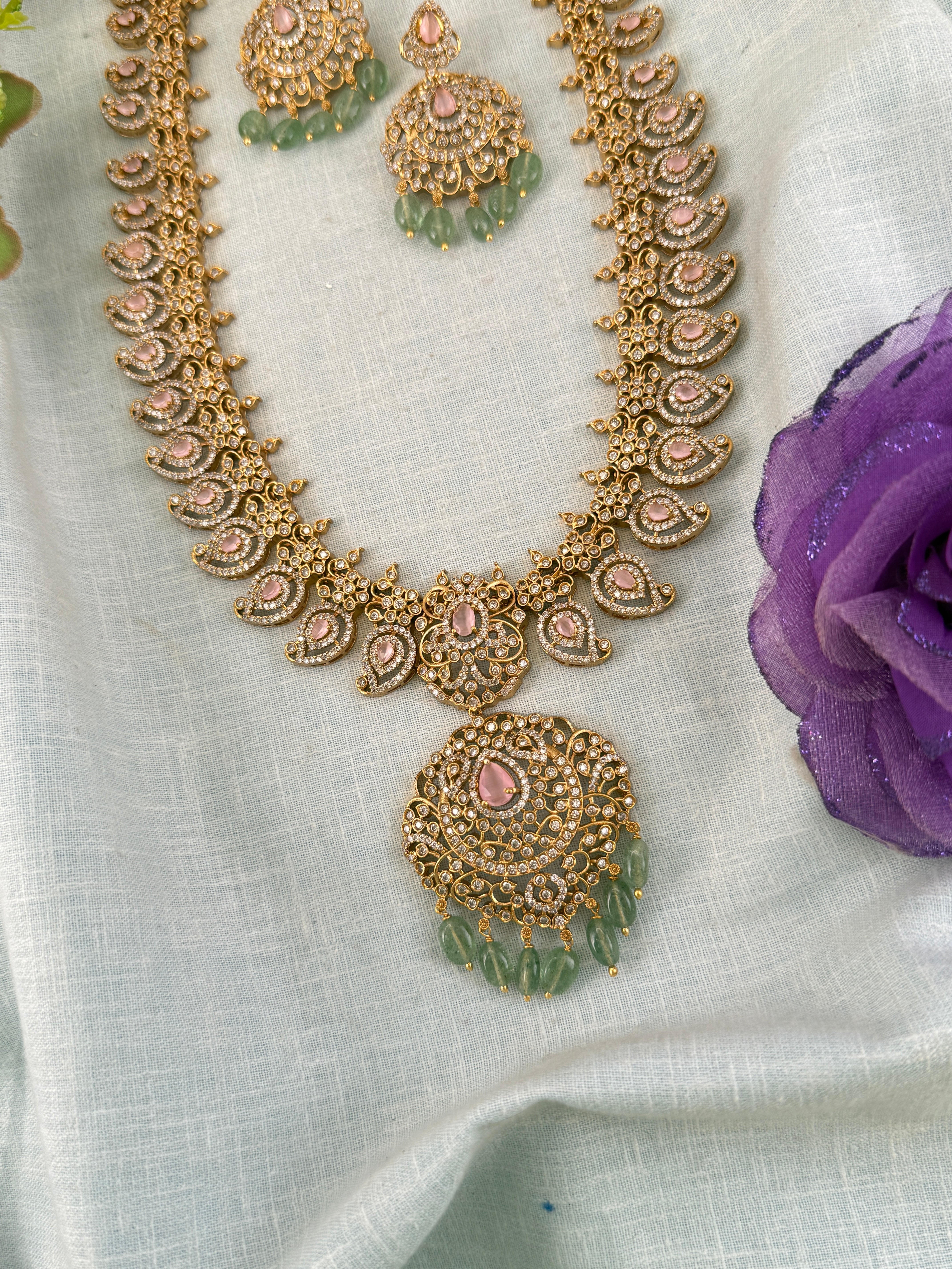 Royal Antique Grand Mango Stone Pendant Long Necklace Set 1243