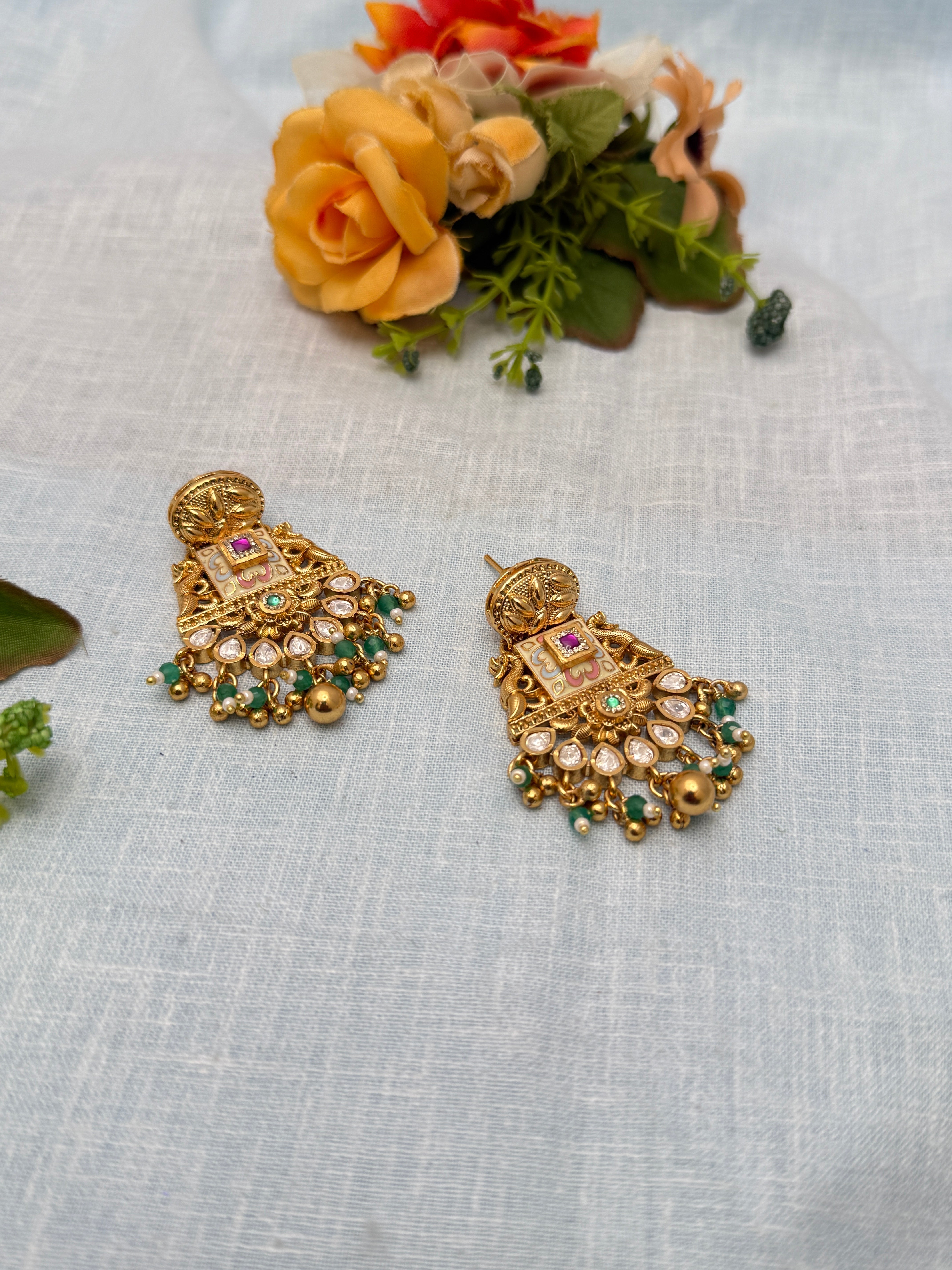 Antique Earrings, Bridal antique Kundan earrings, Antique kundan Jhumka