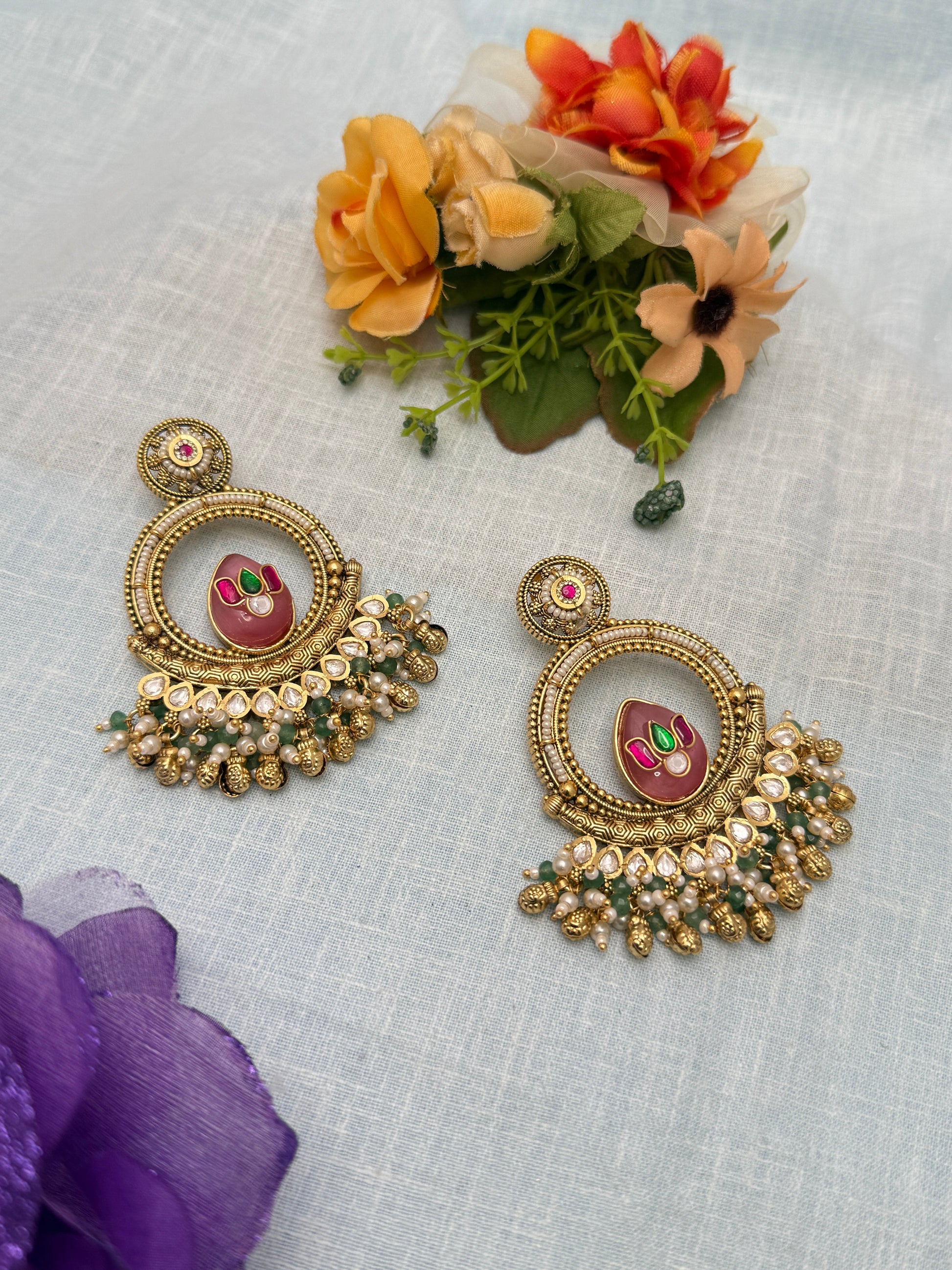 Antique Earrings, Bridal antique Kundan earrings, Antique kundan Jhumka