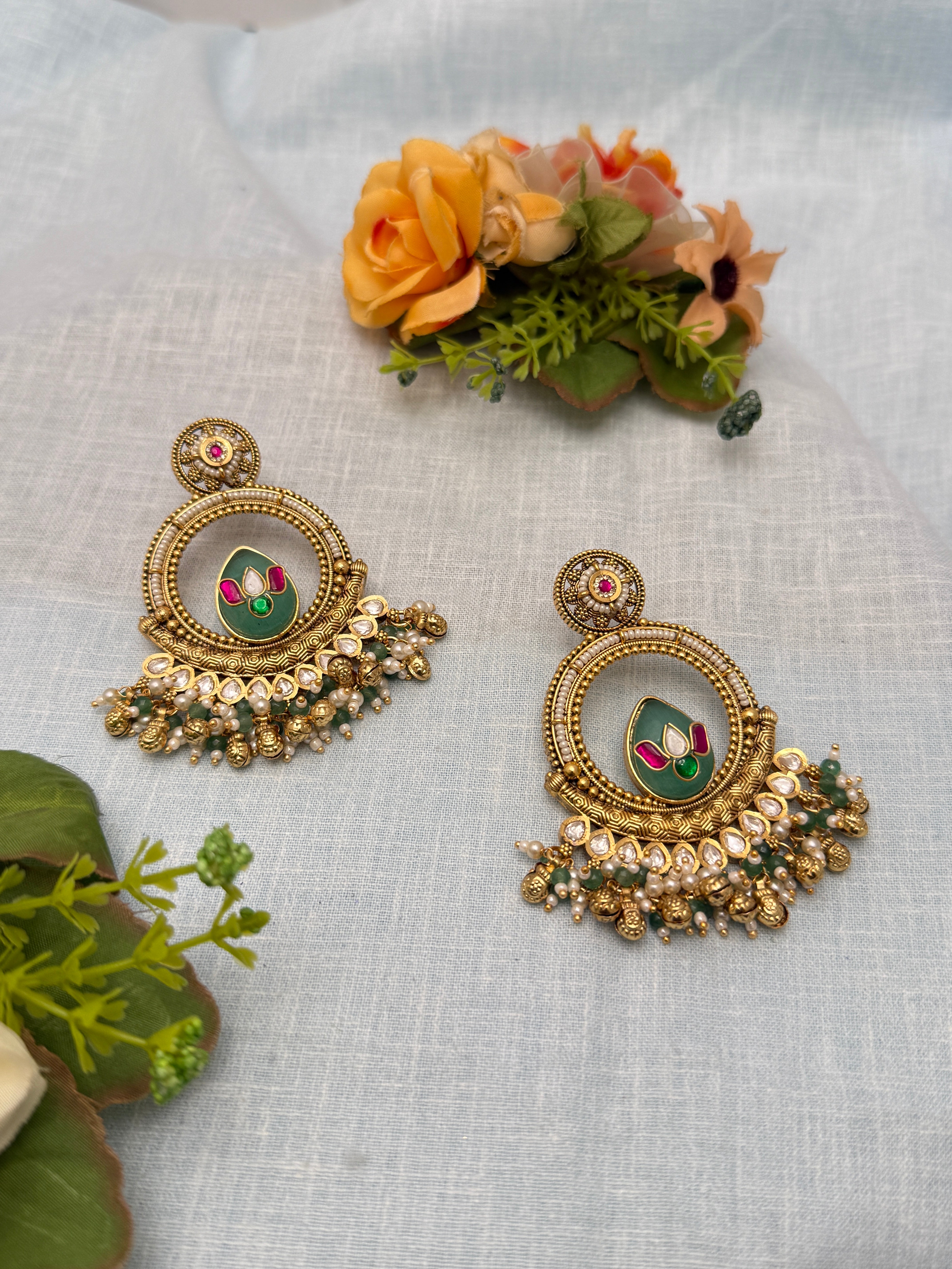 Antique Earrings, Bridal antique Kundan earrings, Antique kundan Jhumka