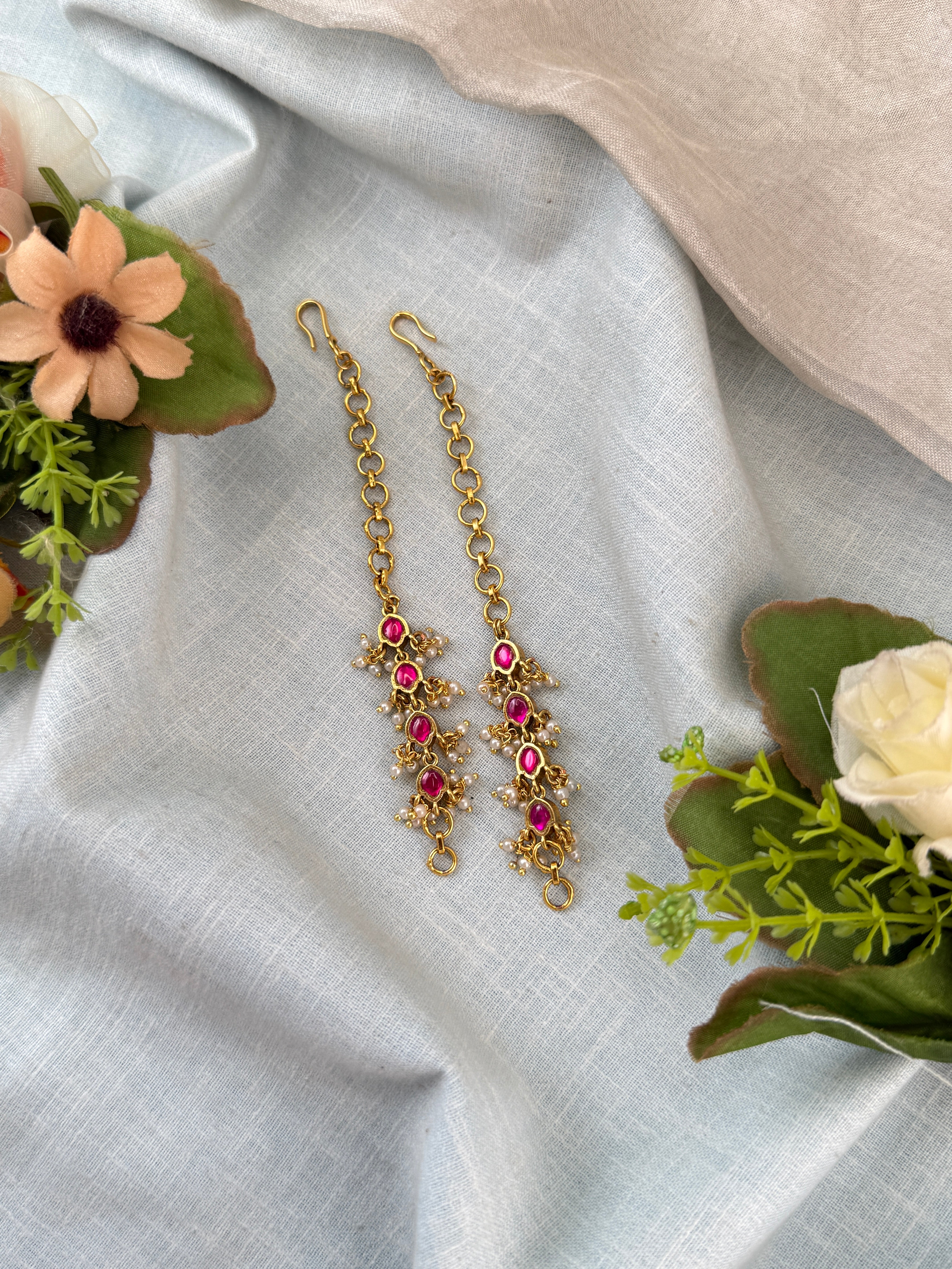 Traditional antique maatal ear chains – South Indian Jhumka ear chains, Ear maatal, jadebille, hair choti