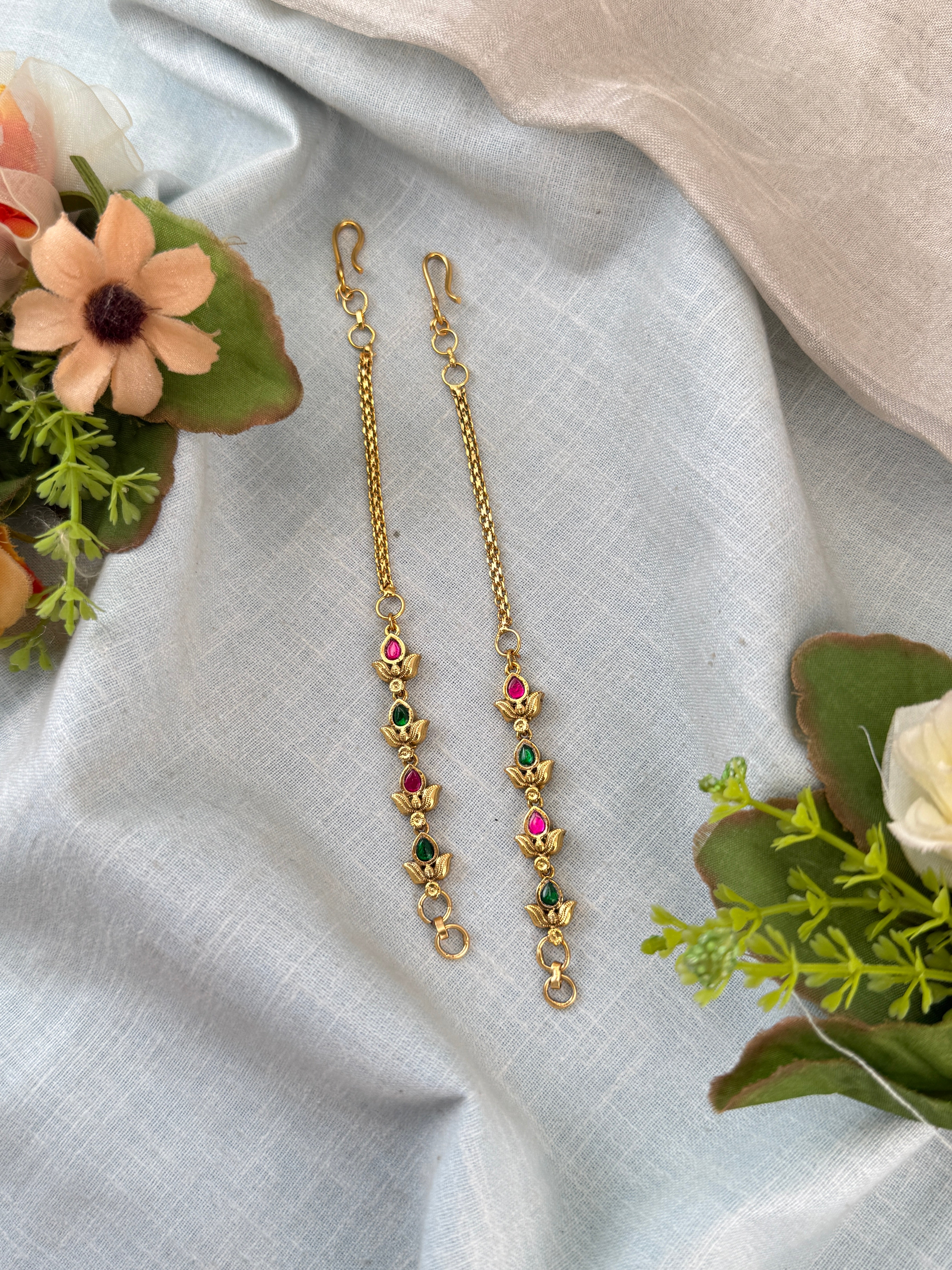 Traditional antique maatal ear chains – South Indian Jhumka ear chains, Ear maatal, jadebille, hair choti
