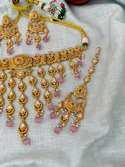 Antique Kundan Grand Necklace With Maang Tikka Short Set | N1305